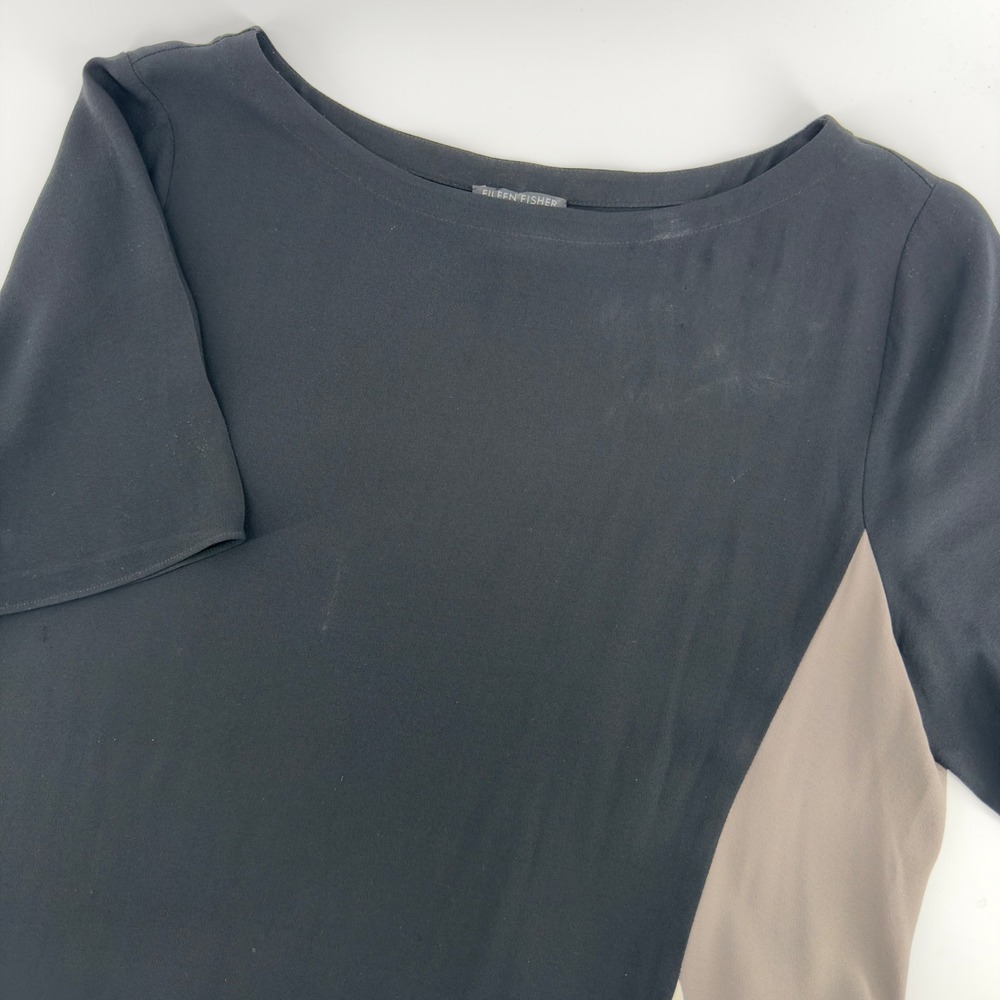 Eileen Fisher Petite Silk Colorblock Shift Dress Black Taupe PL